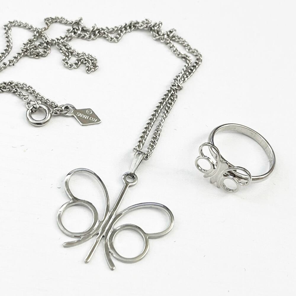Sarah Coventry 1973 Papillon Butterfly Necklace & Ring Set Silver Tone Vintage